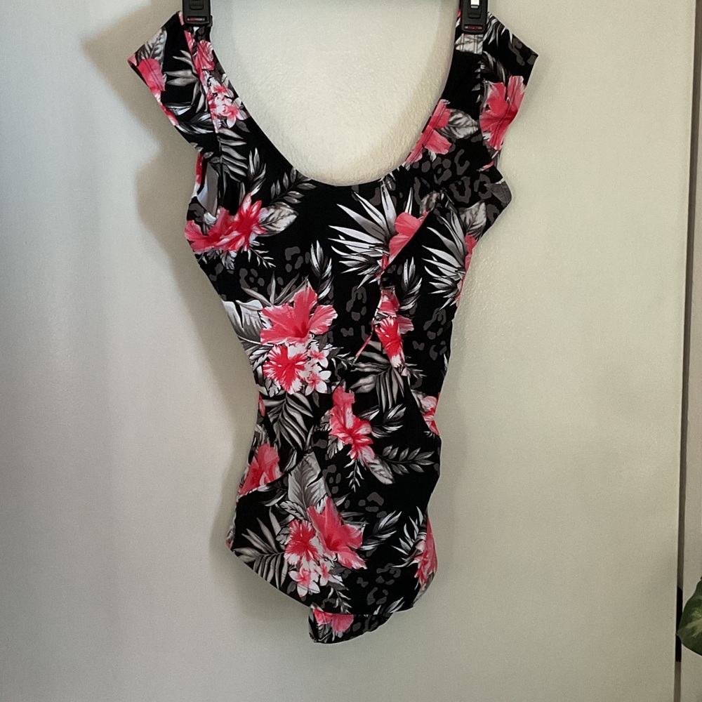 Floral Black and Pink One-Piece Swimsuit